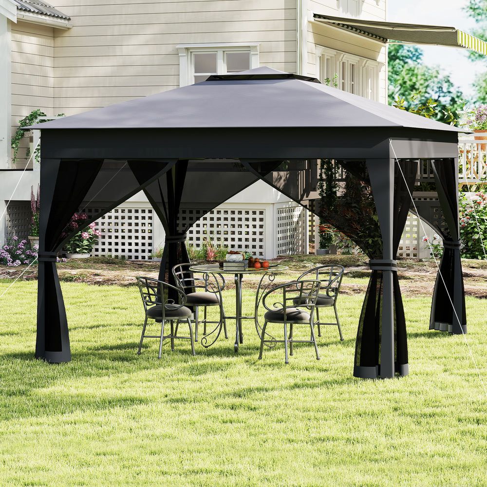 Gray 11 x 11 ft pop-up gazebo with mesh netting, featuring a double roof and stable frame for outdoor events.