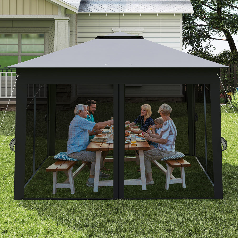 Pop-up gazebo with mesh netting, gray canopy, and sturdy frame, ideal for outdoor dining and gatherings.