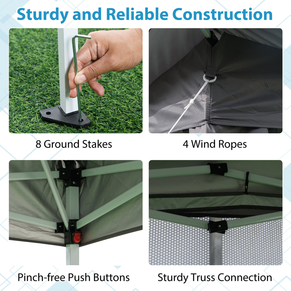 Close-up of the pop-up gazebo's sturdy truss connection and pinch-free push buttons, featuring gray mesh netting.