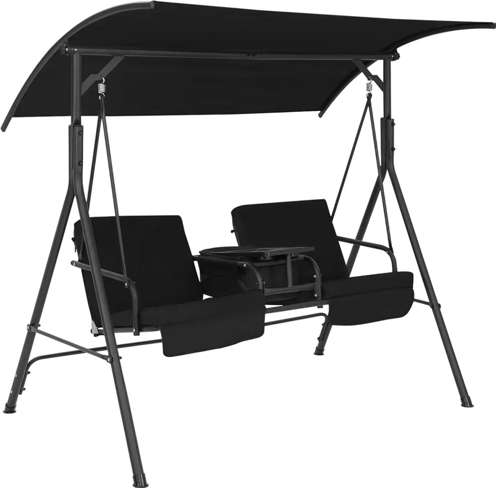 Adjustable canopy porch swing chair with sturdy frame and high-density cushions, ideal for patio or backyard use.