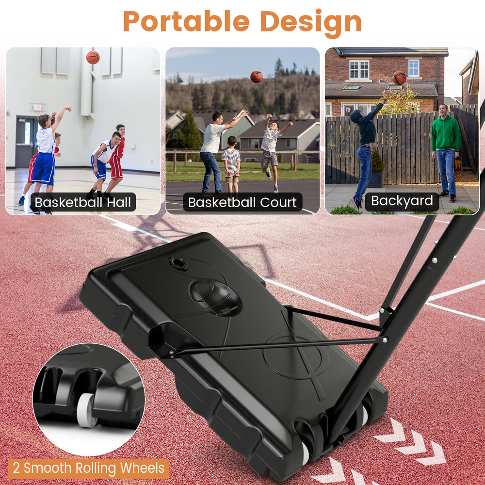 Portable basketball hoop with adjustable height, shatterproof backboard, and built-in wheels for easy transport.
