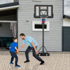 Portable basketball hoop with adjustable height, shatterproof backboard, and a family enjoying a game outdoors.