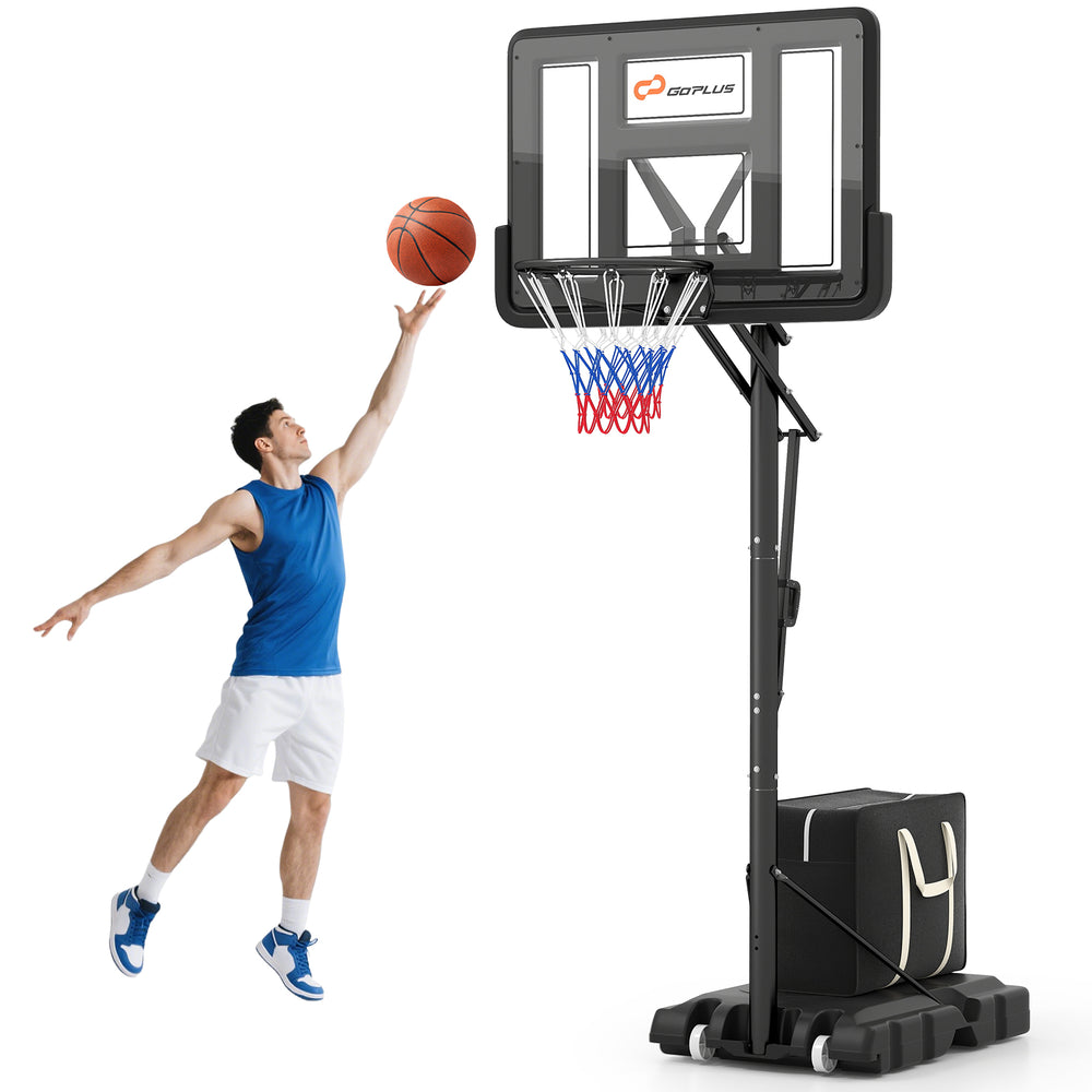 Portable basketball hoop with adjustable height, shatterproof backboard, and stable base for indoor and outdoor play.