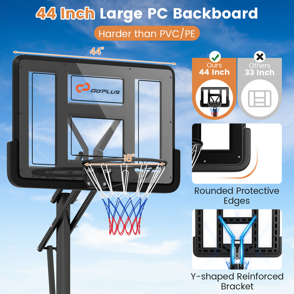 Portable basketball hoop with a 44-inch shatterproof backboard, adjustable height, and sturdy base for stability.
