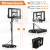 Dimensions of the Portable Basketball Hoop showing adjustable height settings and base specifications for stability.
