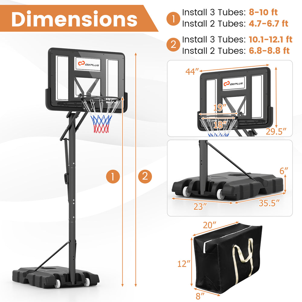 Dimensions of the Portable Basketball Hoop showing adjustable height settings and base specifications for stability.