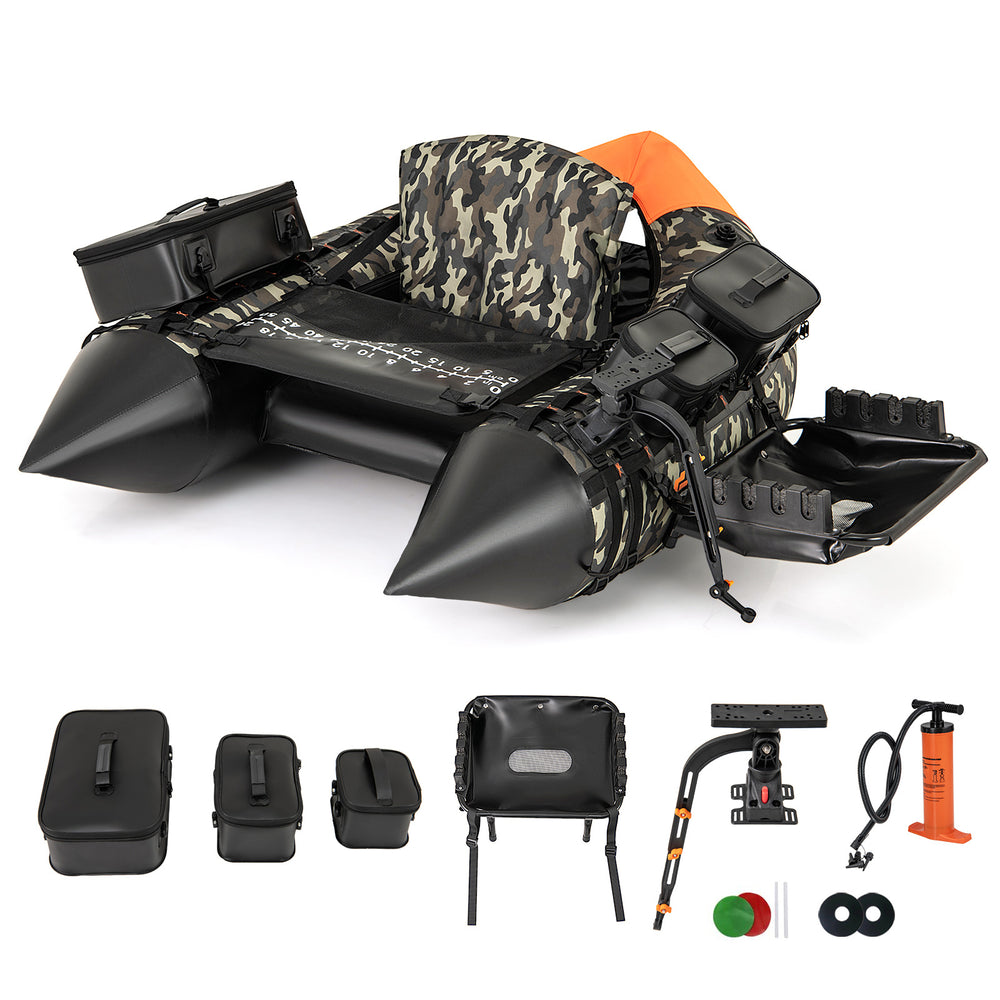 Portable camouflage fishing boat featuring a comfy inflatable seat, 3 detachable waterproof storage boxes, and rod.