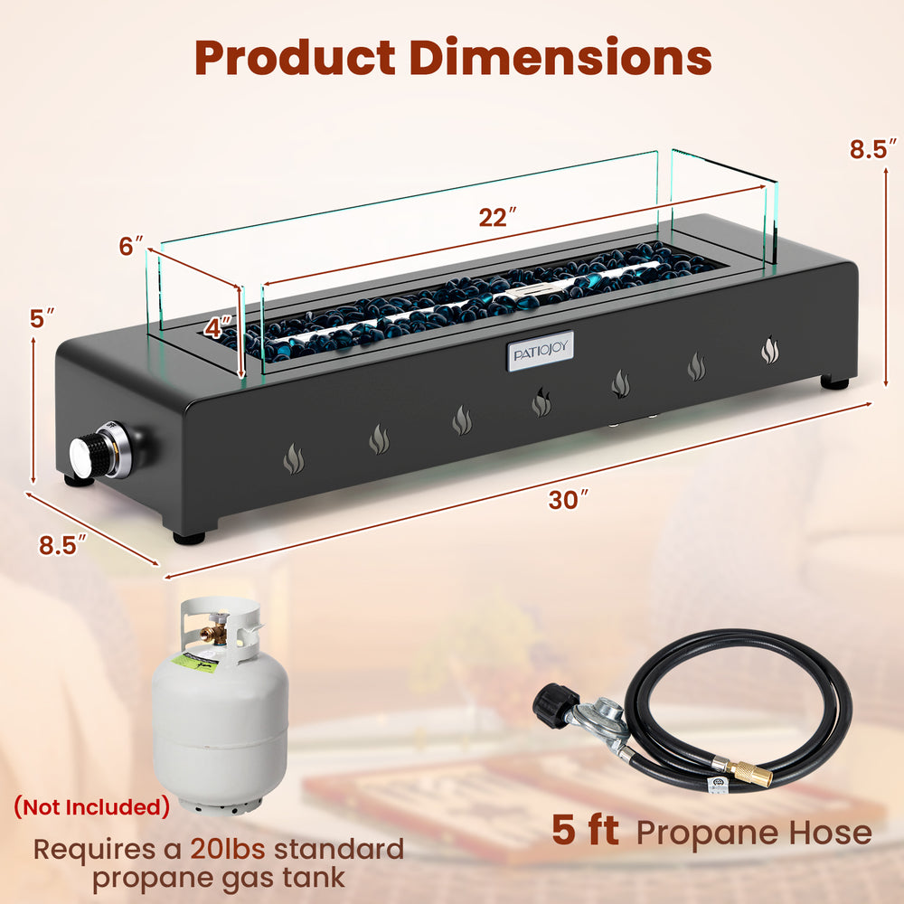 Portable mini fireplace with stainless steel burner, wind guard, and 5 ft propane hose for outdoor warmth.