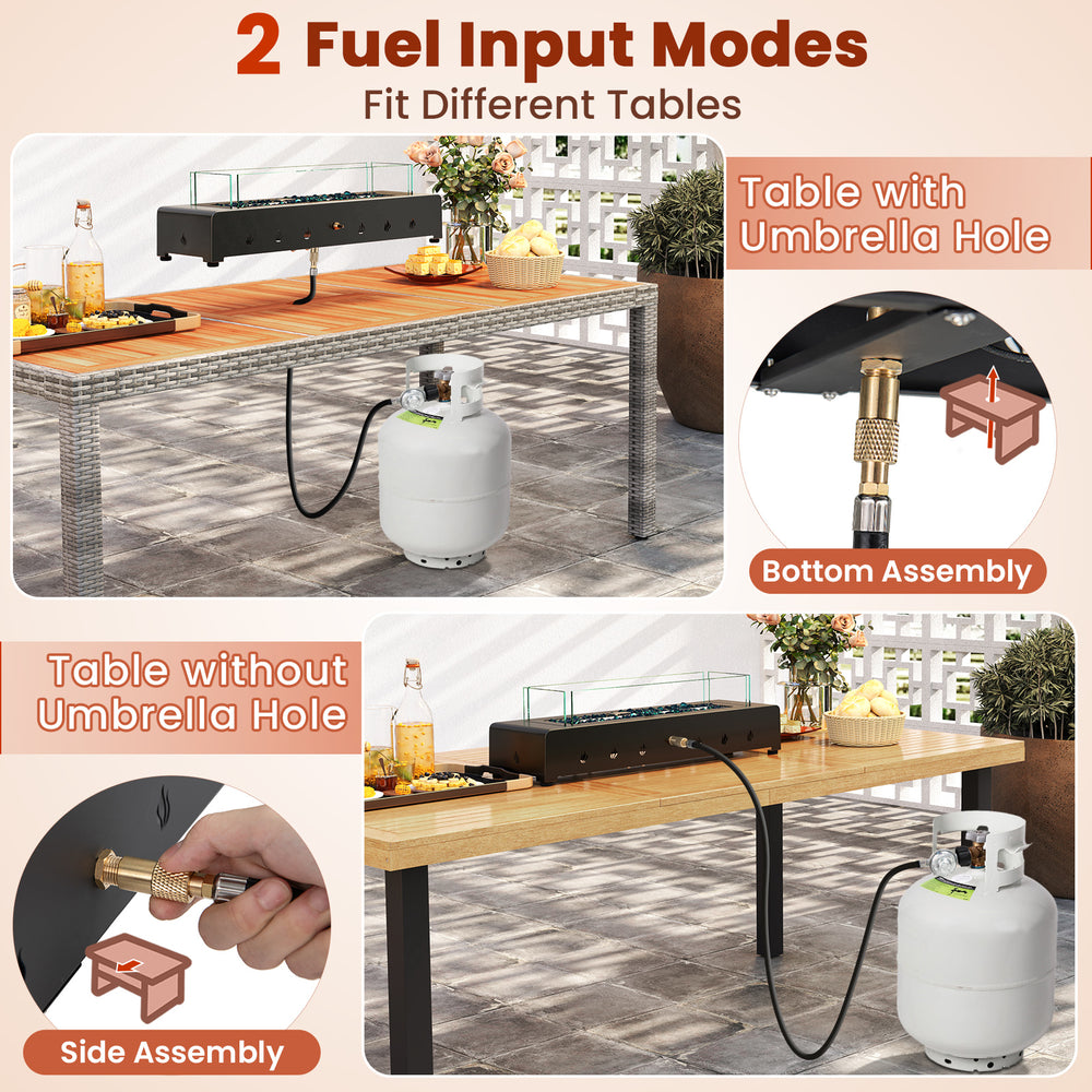 Portable mini fireplace with stainless steel burner, shown with side assembly for tables without umbrella hole.