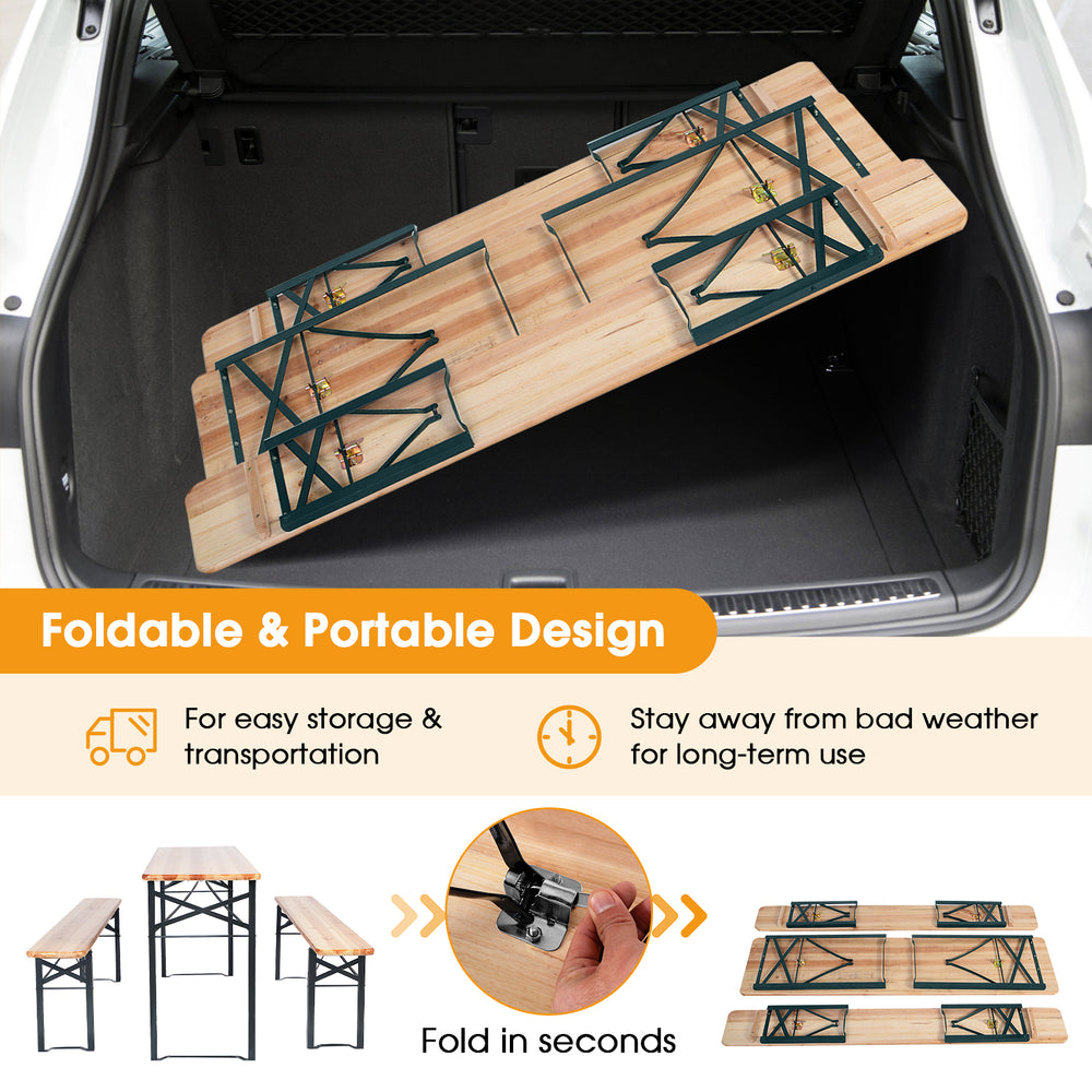 Folding wooden picnic table bench set in a car trunk, featuring a rustic design and sturdy steel frame for easy.