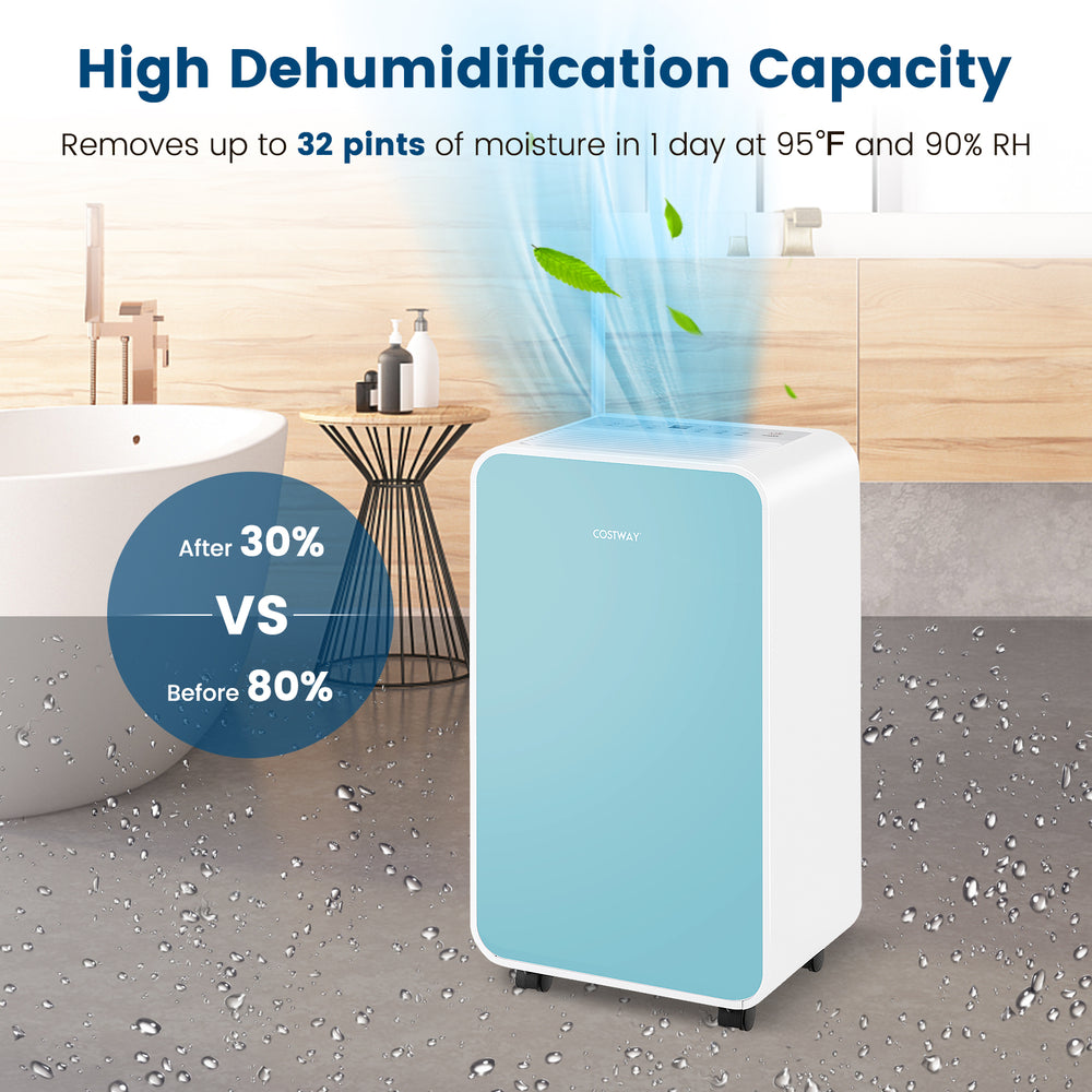 32 Pints/Day Portable Quiet Dehumidifier for Rooms up to 2500 Sq. Ft-Blue - Gallery View 1 of 10