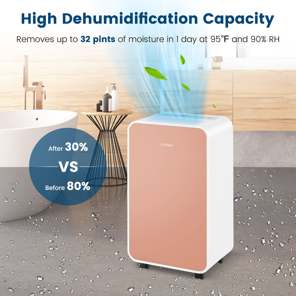 32 Pints/Day Portable Quiet Dehumidifier for Rooms up to 2500 Sq. Ft-Pink - Gallery View 1 of 10