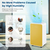 Portable yellow dehumidifier side view, designed for rooms up to 2500 sq. ft., features a child lock for added safety.