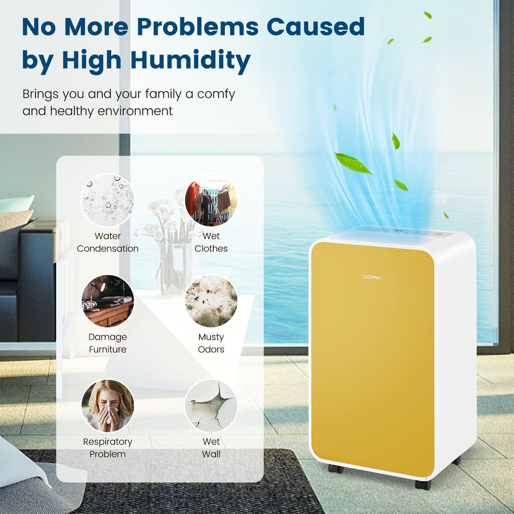 Portable yellow dehumidifier side view, designed for rooms up to 2500 sq. ft., features a child lock for added safety.