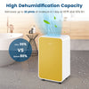 Portable yellow dehumidifier removes up to 32 pints of moisture daily, ideal for rooms up to 2500 sq. ft.