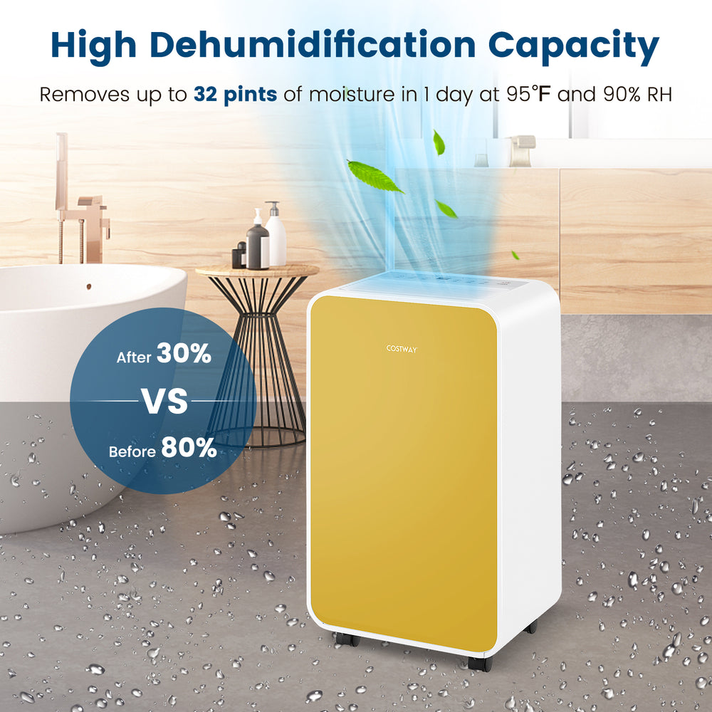 32 Pints/Day Portable Quiet Dehumidifier for Rooms up to 2500 Sq. Ft-Yellow - Gallery View 1 of 10