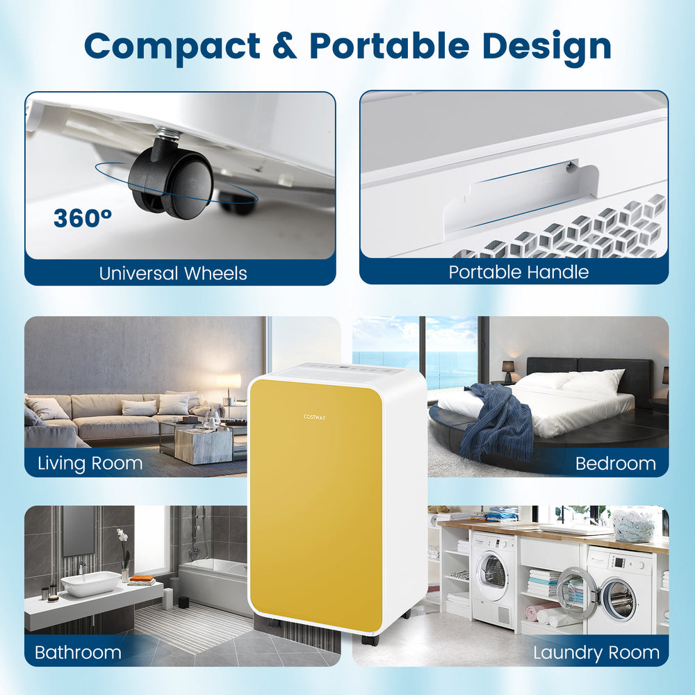 Portable yellow dehumidifier with universal wheels, LED display, and 32 pints/day capacity for rooms up to 2500 sq. ft.
