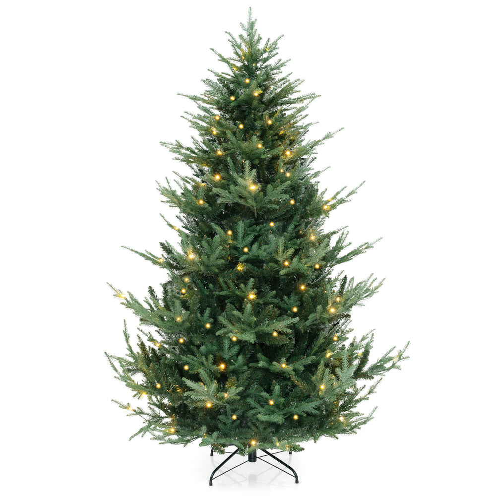 Pre-lit artificial Christmas tree with 778 branch tips, warm white LED lights, and a sturdy metal base for festive.