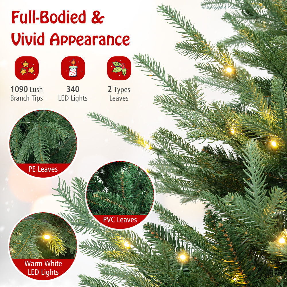 Pre-lit artificial Christmas tree with 1090 branch tips, warm white LED lights, and PVC/PE leaves for a natural look.