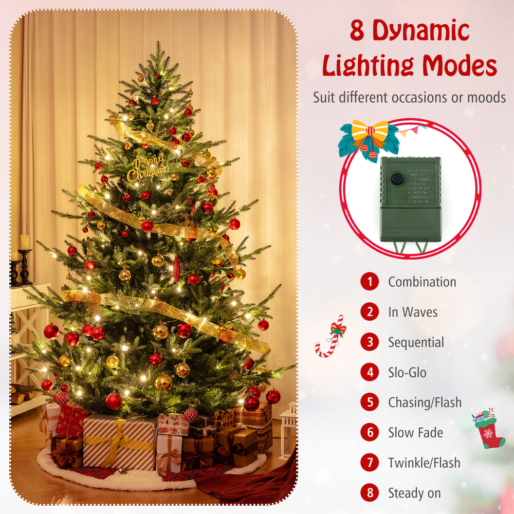 Pre-lit artificial Christmas tree with 778 branch tips, warm white LED lights, and 8 dynamic lighting modes for festive.