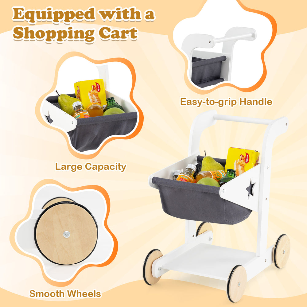 Shopping cart with smooth wheels and easy-to-grip handle, part of the pretend play grocery store set for kids.