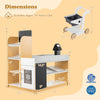 Pretend play grocery store set with shopping cart, featuring cash register, shelves, and dual chalkboards for kids aged.