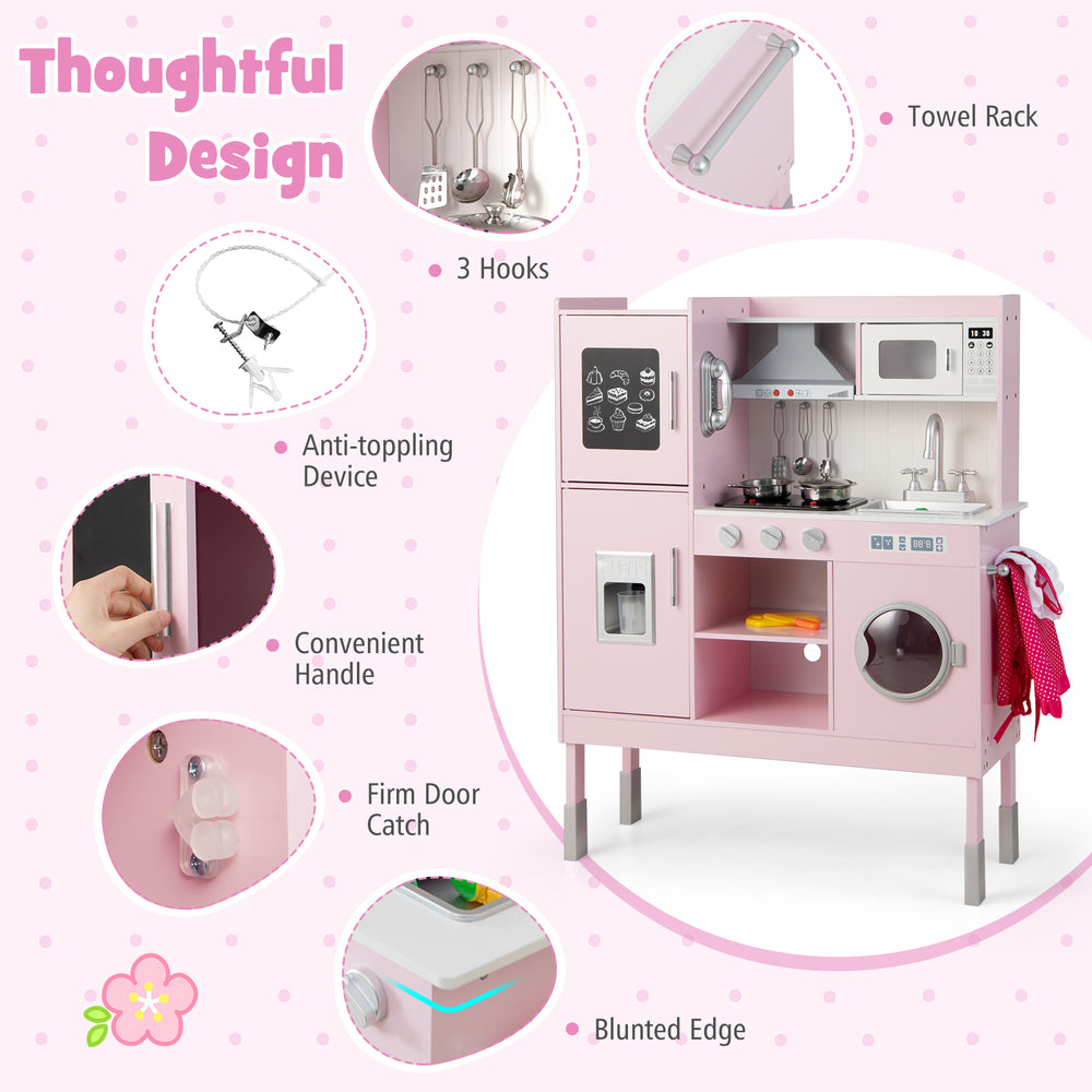 Pretend play kitchen in pink with adjustable height, anti-toppling device, and convenient towel rack for kids' fun.
