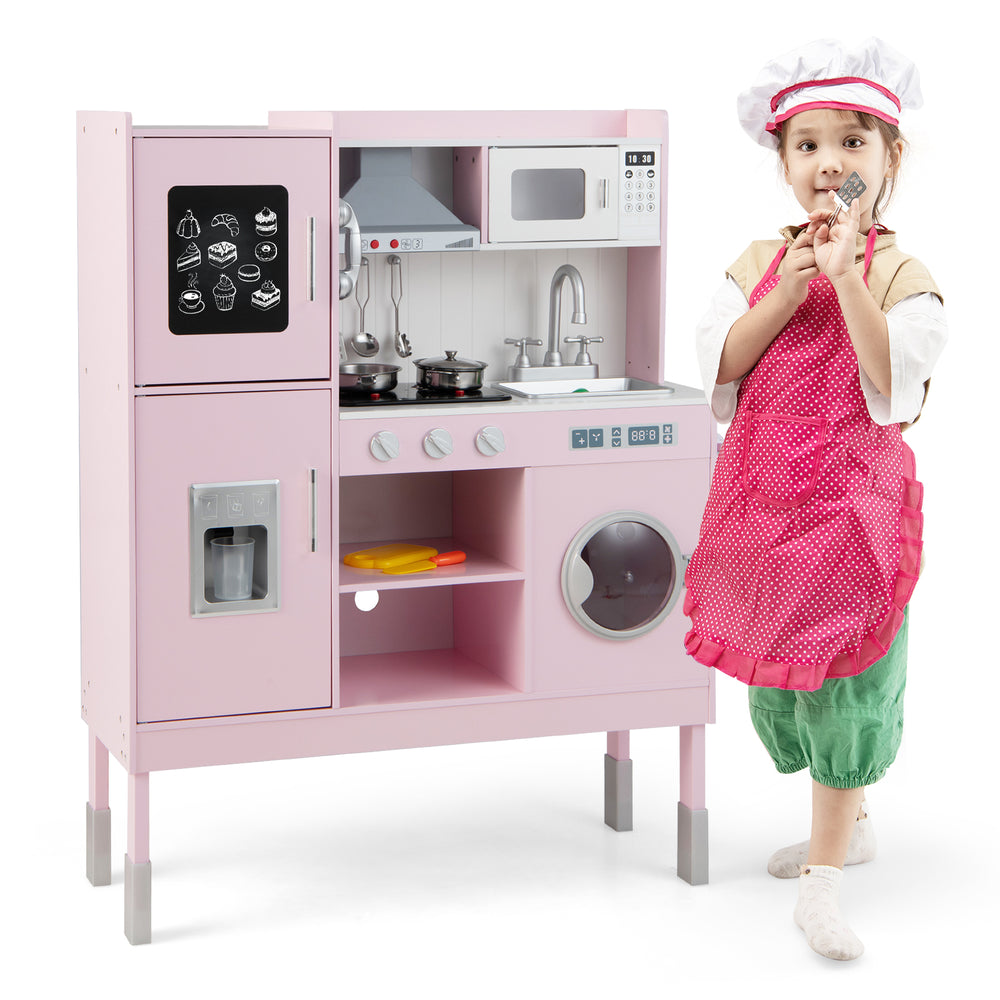 Pretend play kitchen for kids in pink featuring a removable sink, storage shelves, and a fun range hood for imaginative.