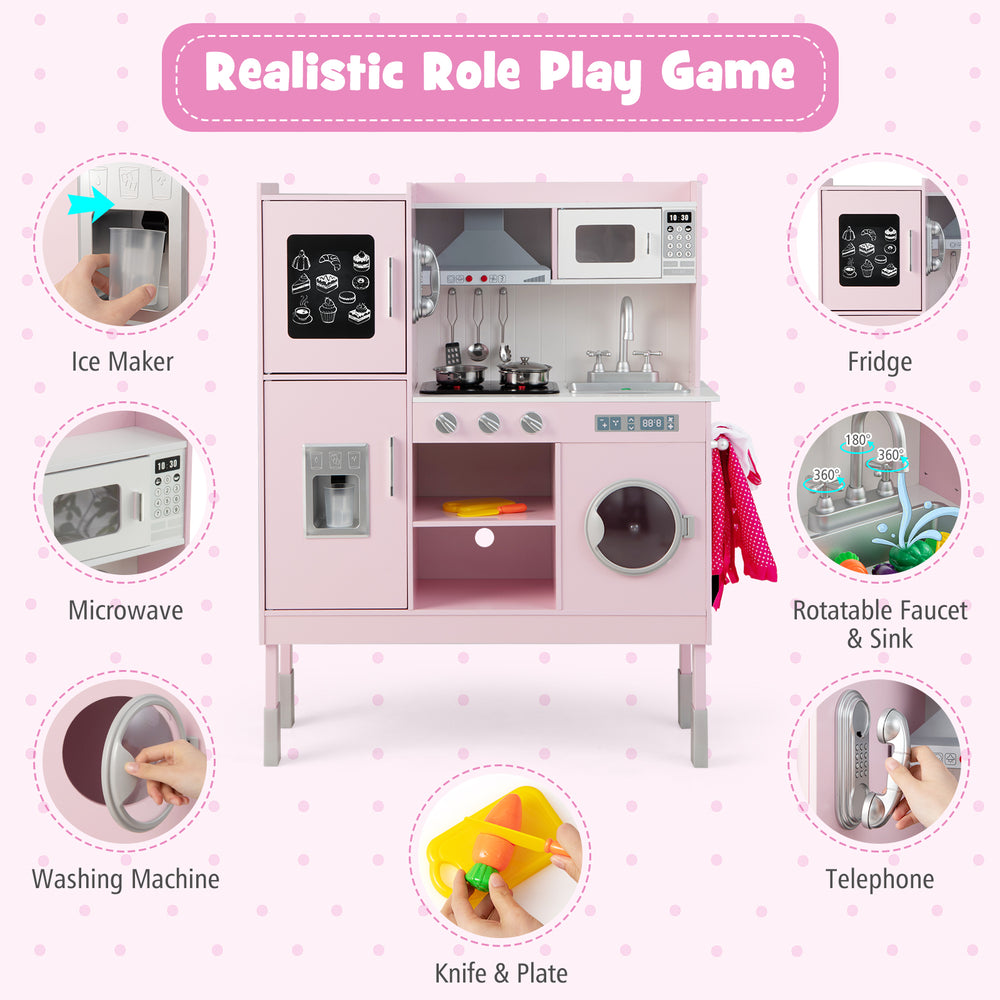 Pretend play kitchen in pink with adjustable height, rotatable faucet, and multiple accessories for kids aged 3+.
