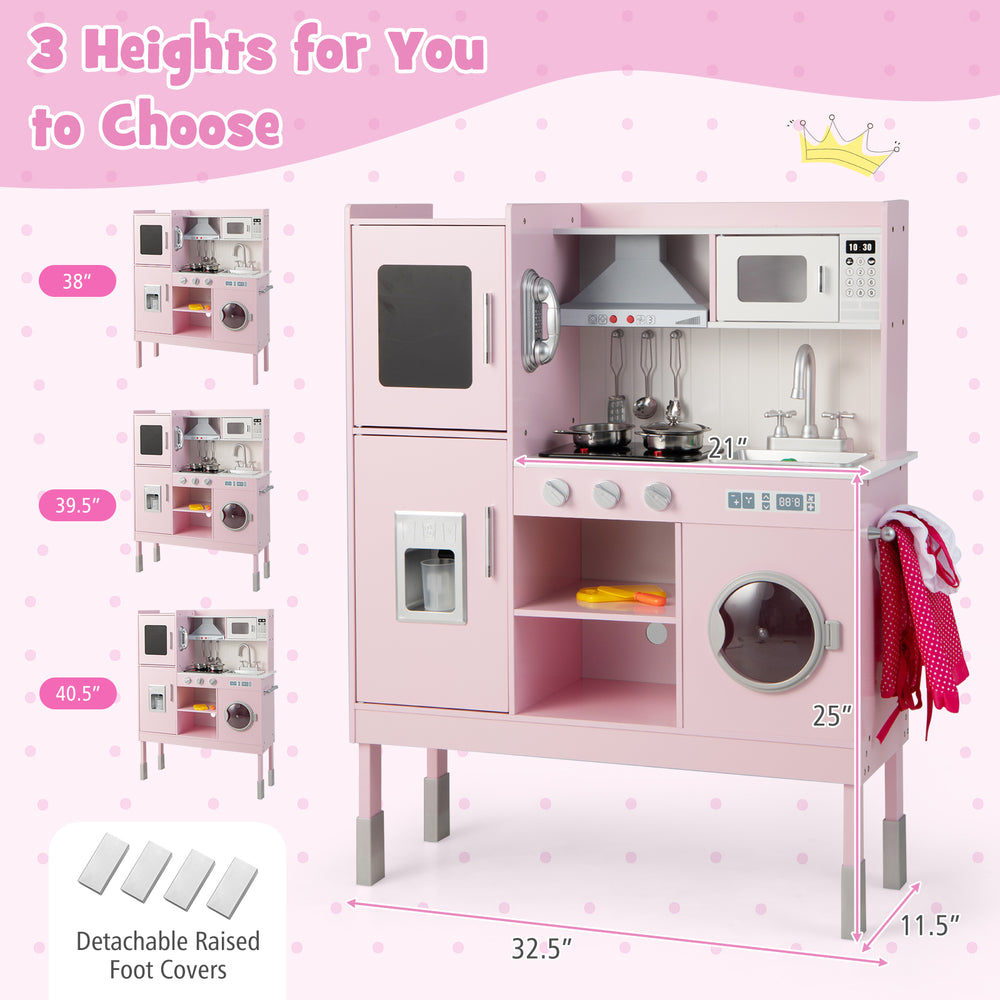 Pretend play kitchen for kids in pink with adjustable height, 16 accessories, and interactive features for endless fun.