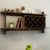 Wall-mounted wine rack with space for 10 bottles and 3 glasses, featuring a rustic finish for stylish storage.