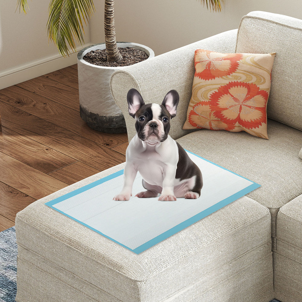Single dog pee pad in blue, 24" x 17", showcasing the non-woven fabric layer designed for quick liquid absorption.
