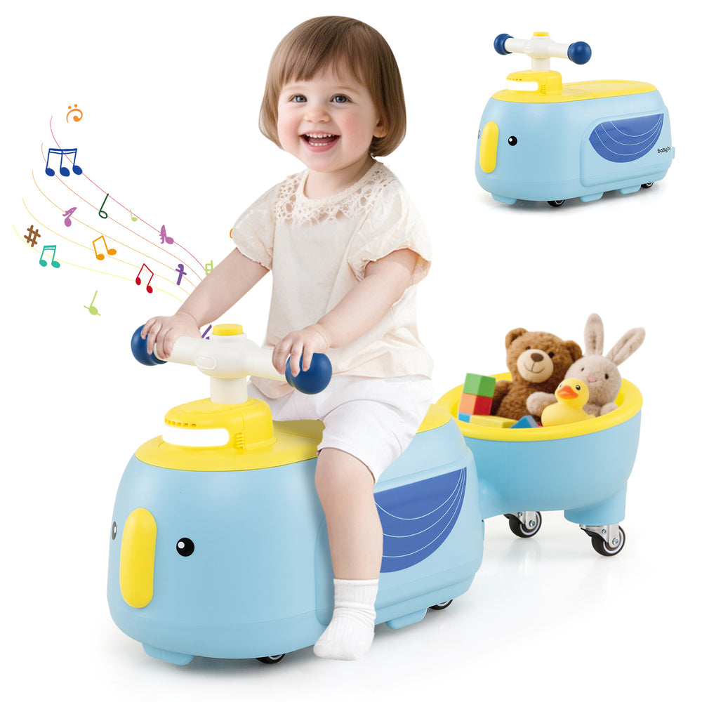 Toddler ride-on toy in blue with trailer, featuring music, storage, and a cute penguin design for fun indoor and.