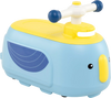 Toddler ride-on toy in blue with trailer, featuring a cute penguin design, music, and storage for indoor and outdoor.