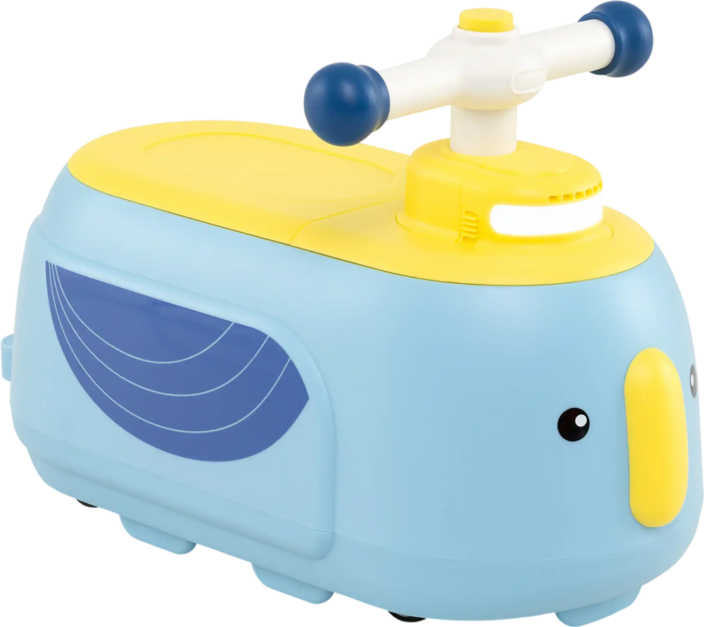 Toddler ride-on toy in blue with trailer, featuring a cute penguin design, music, and storage for indoor and outdoor.