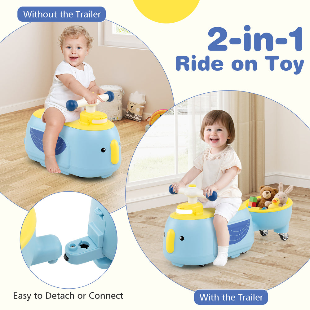 Toddler ride-on toy in blue with detachable trailer, featuring 6 songs, under-seat storage, and kid-friendly design.