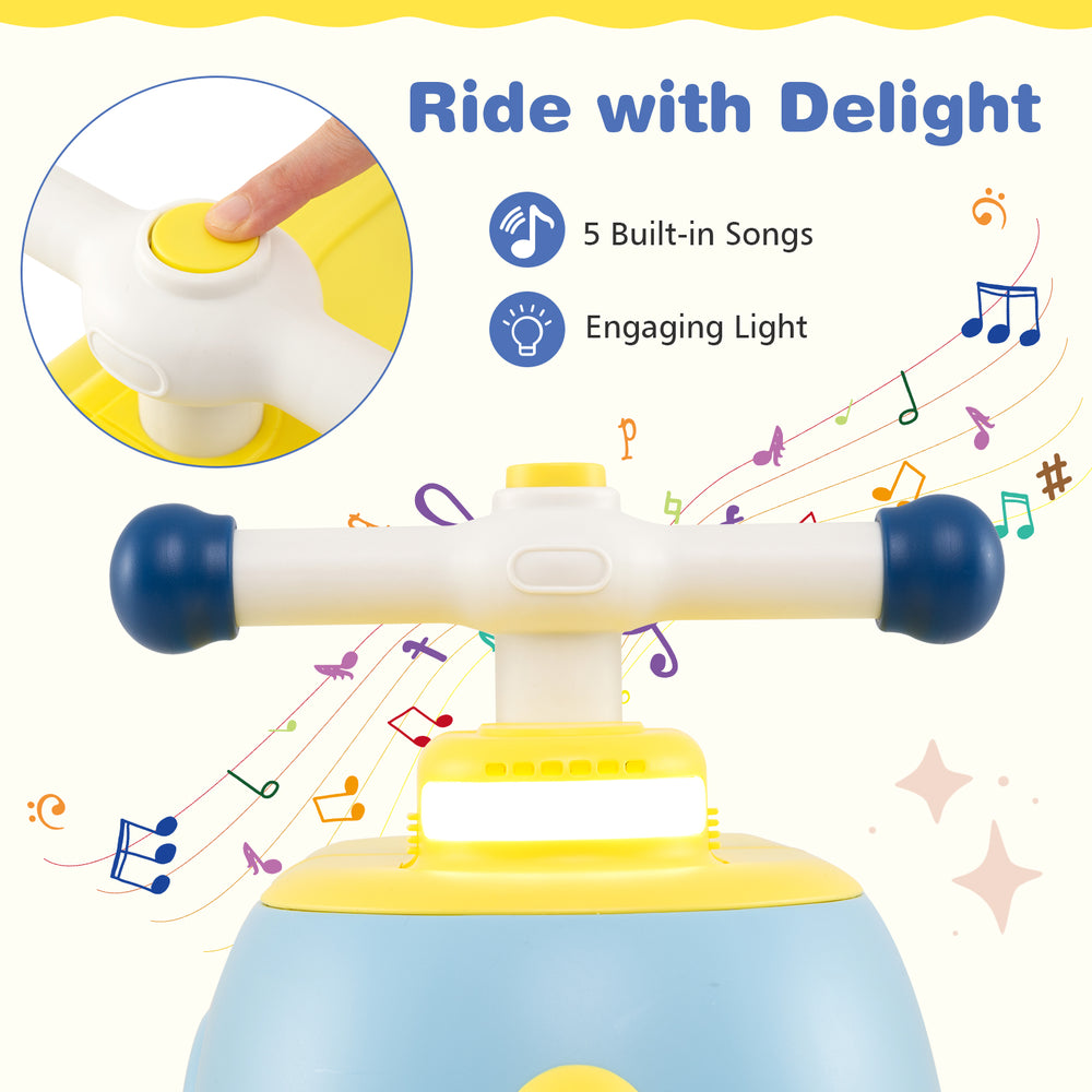 Toddler ride-on toy in blue with engaging light and 6 built-in songs, featuring kid-friendly handlebars and a spacious.