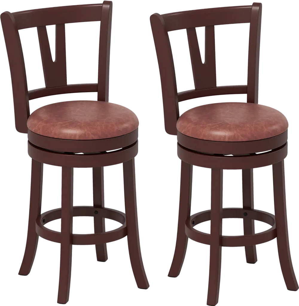 Set of 2 counter height swivel barstools featuring a stylish high back and sturdy rubber wood bases for dining rooms.