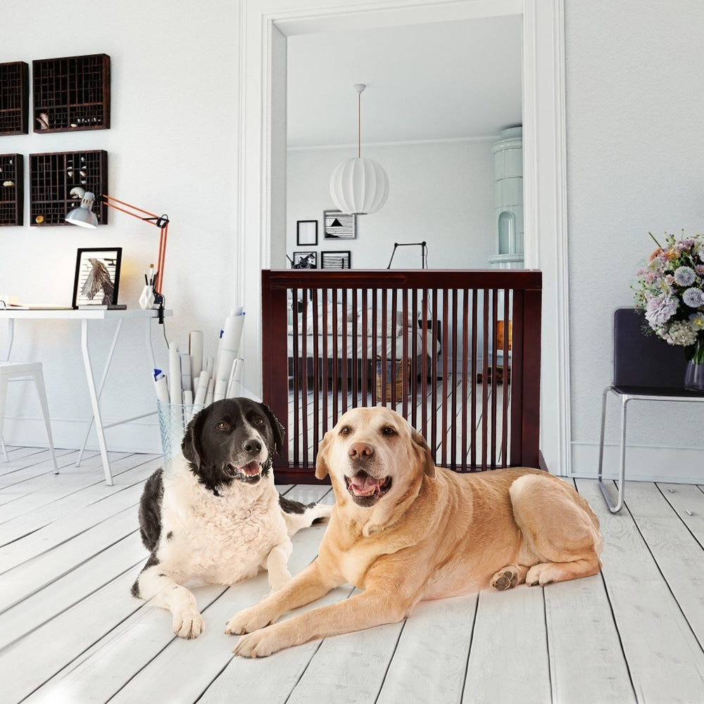 Folding adjustable 3-panel wood fence in cherry finish, perfect for doorways and hallways, featuring tapered sides.