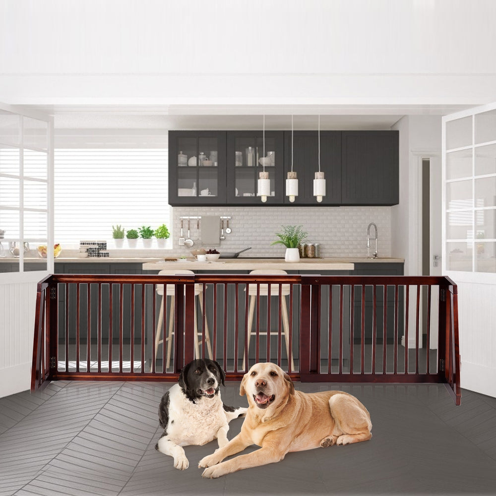 Folding adjustable 3 panel wood fence in cherry finish, perfect for doorways and hallways, featuring tapered sides.
