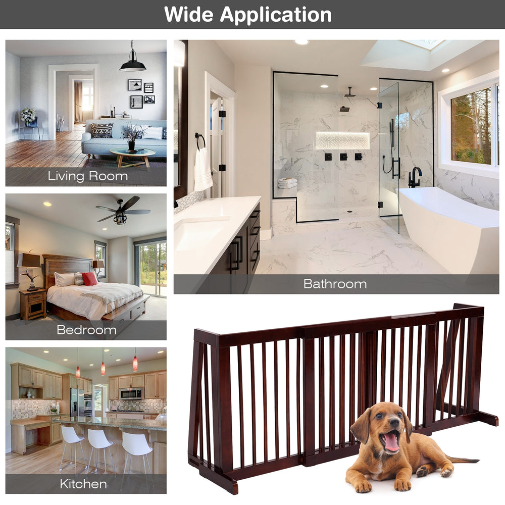 Folding adjustable 3 panel wood fence in cherry finish, perfect for doorways and hallways, featuring retractable feet.