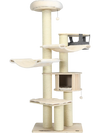 Multi-level 77.5-inch cat tree condo in cream white with sisal posts, plush pads, and dangling fur balls for feline fun.