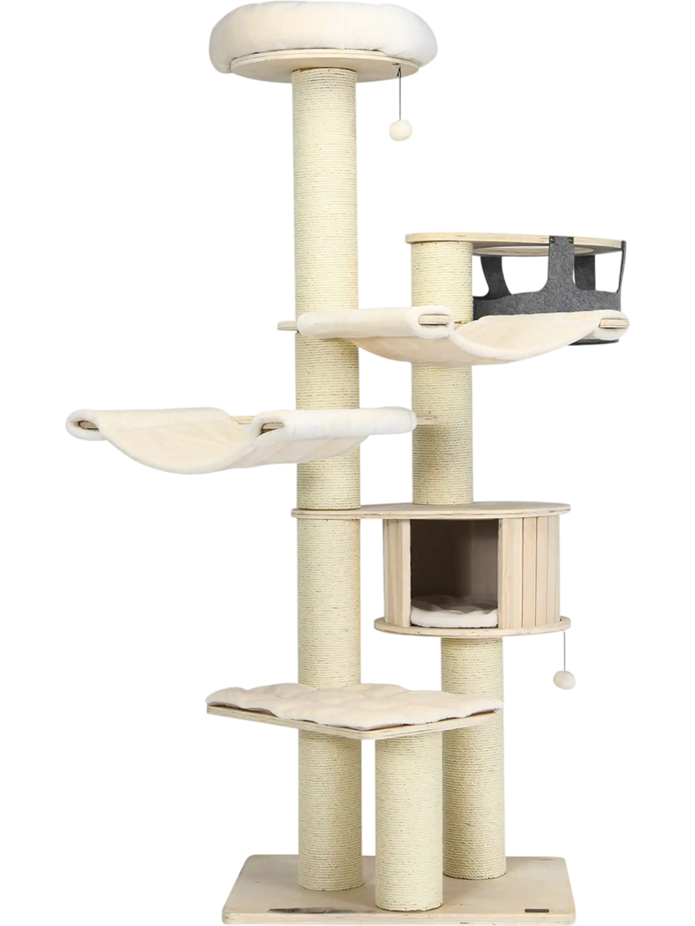 Multi-level 77.5-inch cat tree condo in cream white with sisal posts, plush pads, and dangling fur balls for feline fun.