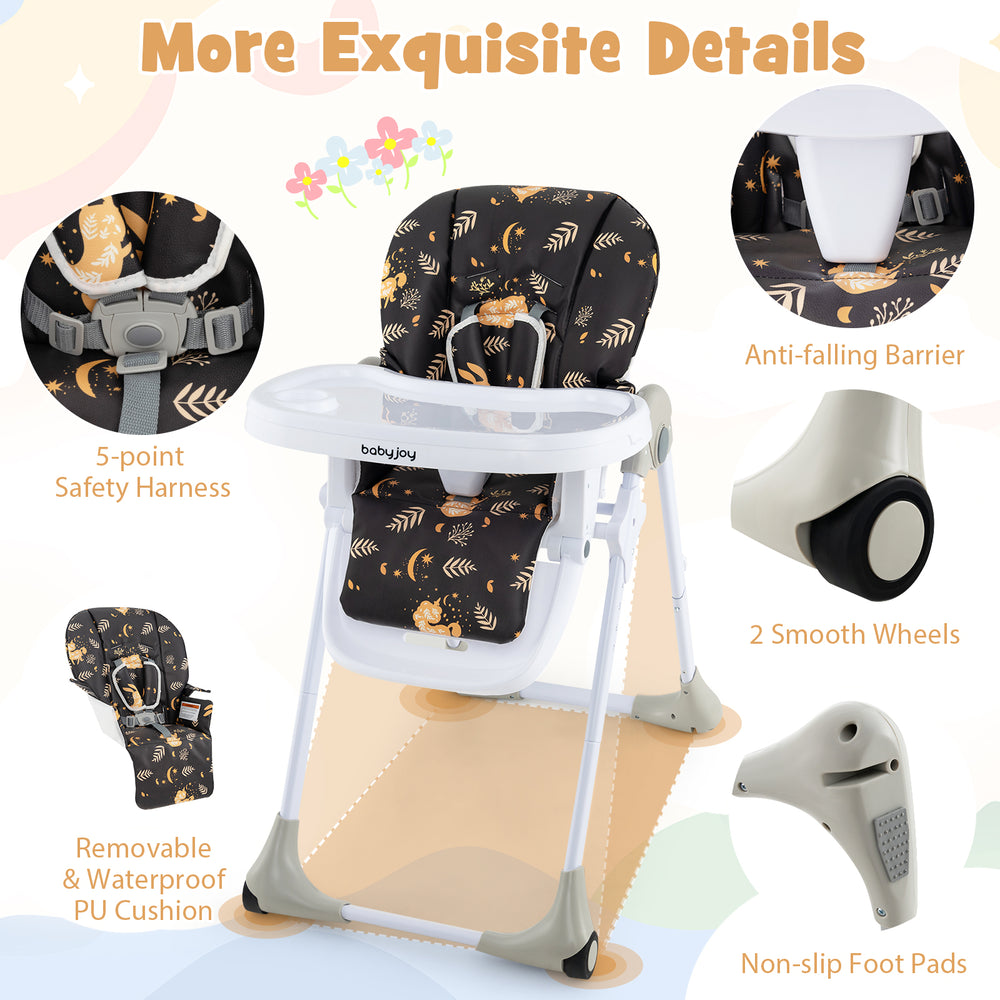 3-in-1 convertible baby high chair in dark brown with adjustable seat heights, removable PU cushion, and safety.