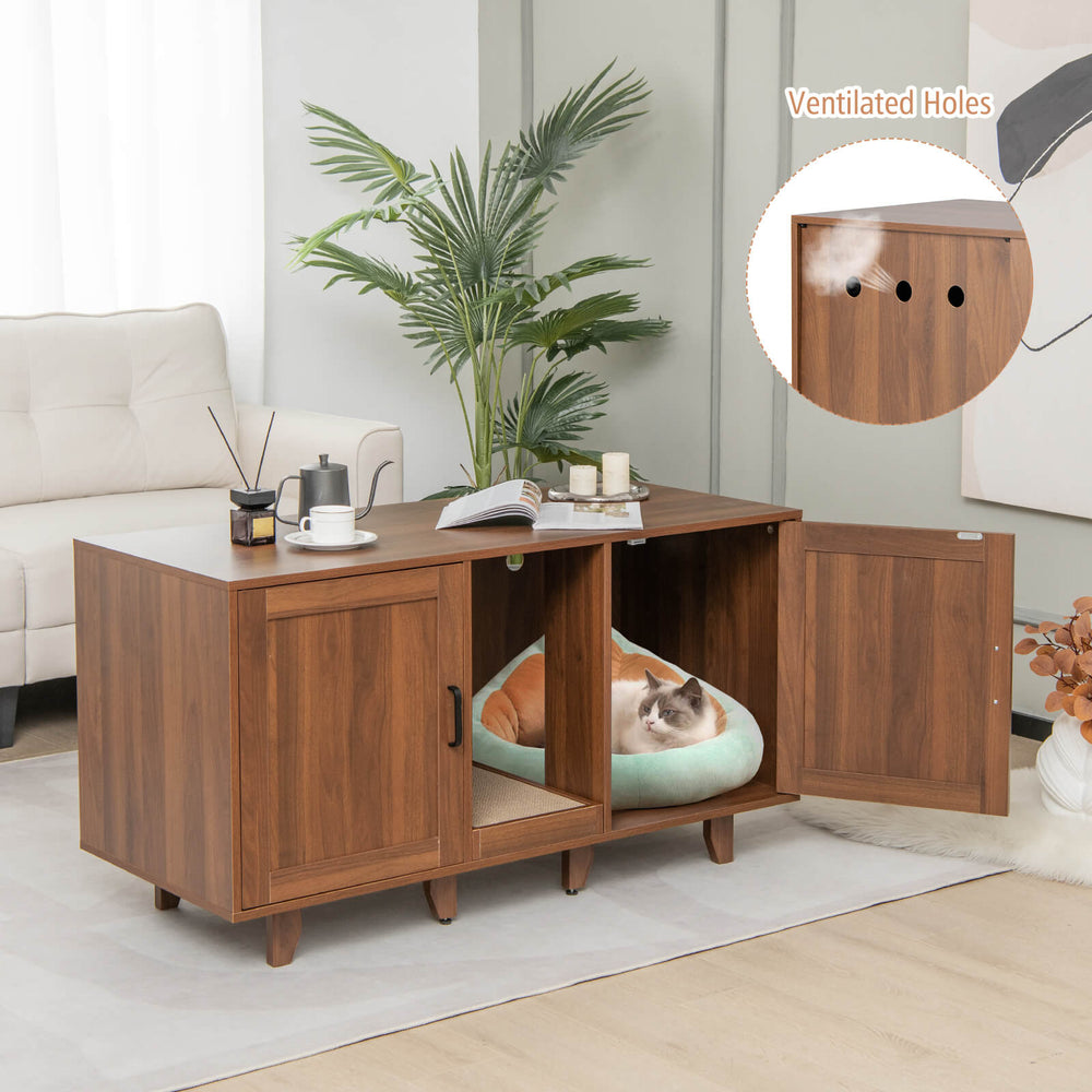 Patented 2-Door Cat Litter Box Enclosure with Winding Entry and Scratching Board-Brown - Gallery View 1 of 10