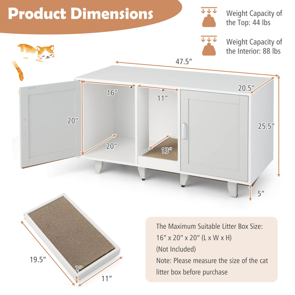 Gray cat litter box enclosure with two doors, featuring a winding entry and adjustable foot pads for stability and.