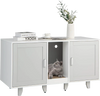 Gray 2-door cat litter box enclosure with winding entry, scratching board, and spacious tabletop for decor.