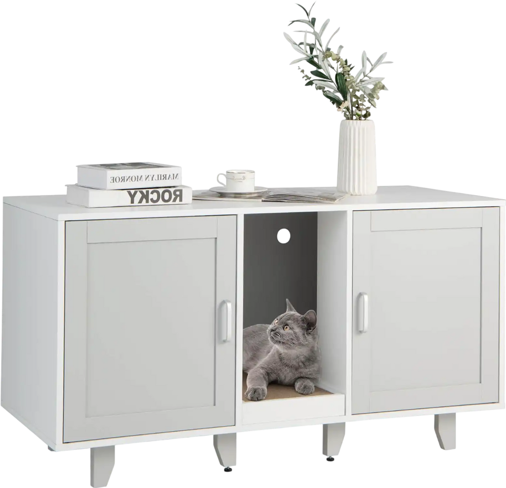 Gray 2-door cat litter box enclosure with winding entry, scratching board, and spacious tabletop for decor.