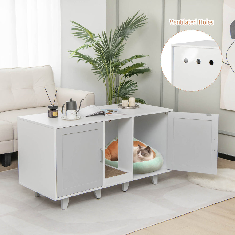 Gray 2-door cat litter box enclosure with winding entry, scratching board, and ventilated holes for odor control.