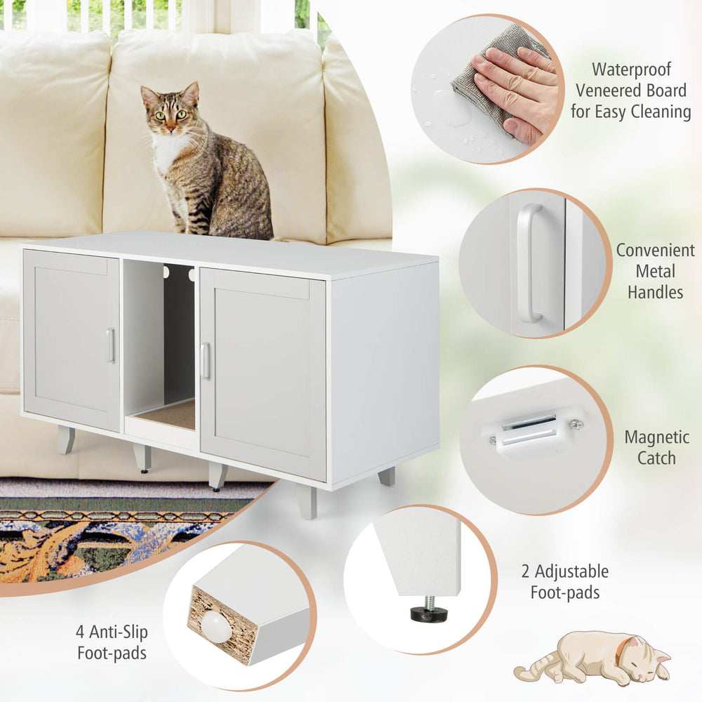 2-door gray cat litter box enclosure with winding entry, scratching board, and spacious tabletop for versatile use.